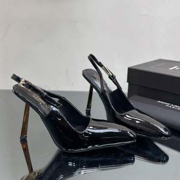 Saint Laurent Lee Slingback Pumps 10cm with Buckle in Patent Leather Black 2023 763421 (MD-231025047)