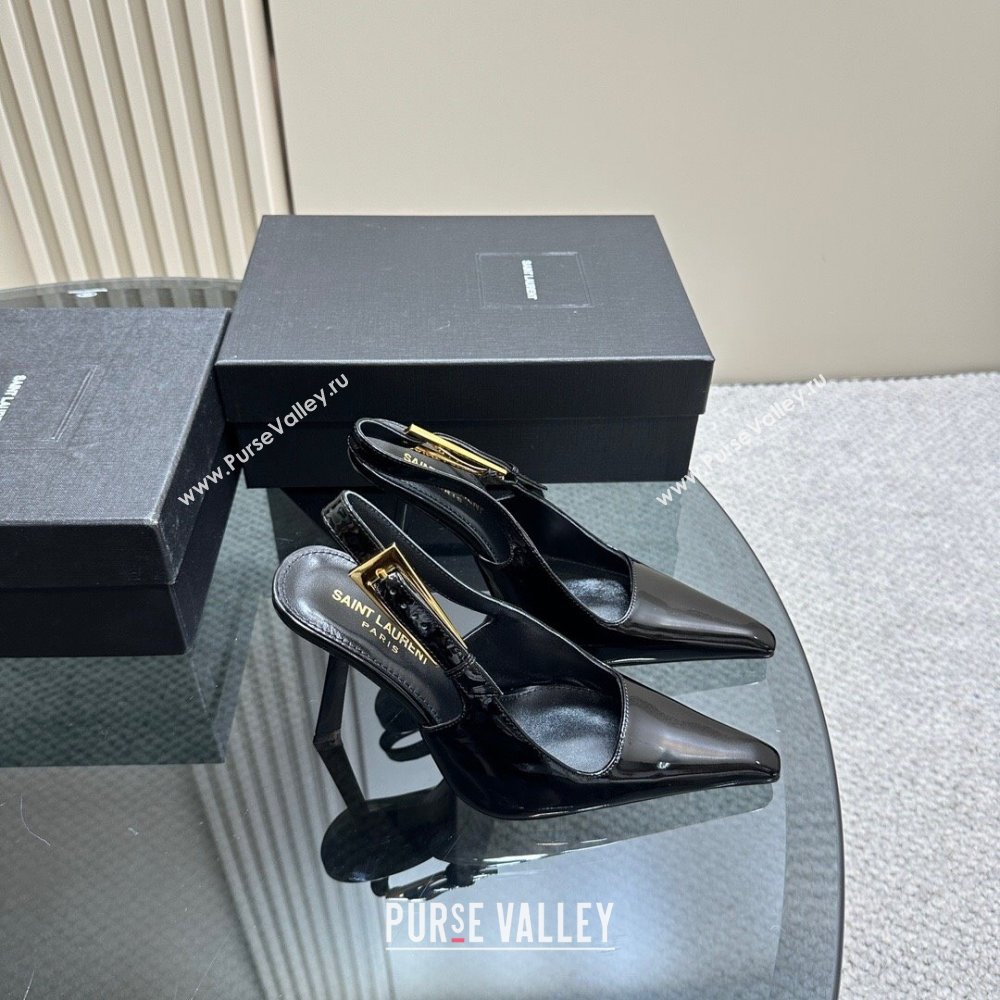 Saint Laurent Lee Slingback Pumps 10.5cm with Buckle in Patent Leather Black/Gold 2023 763421 (MD-231106062)