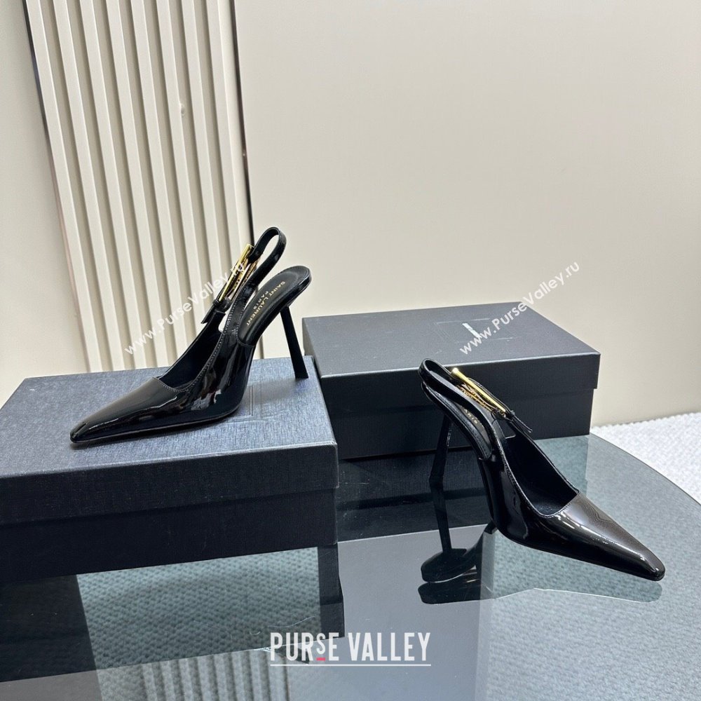 Saint Laurent Lee Slingback Pumps 10.5cm with Buckle in Patent Leather Black/Gold 2023 763421 (MD-231106062)