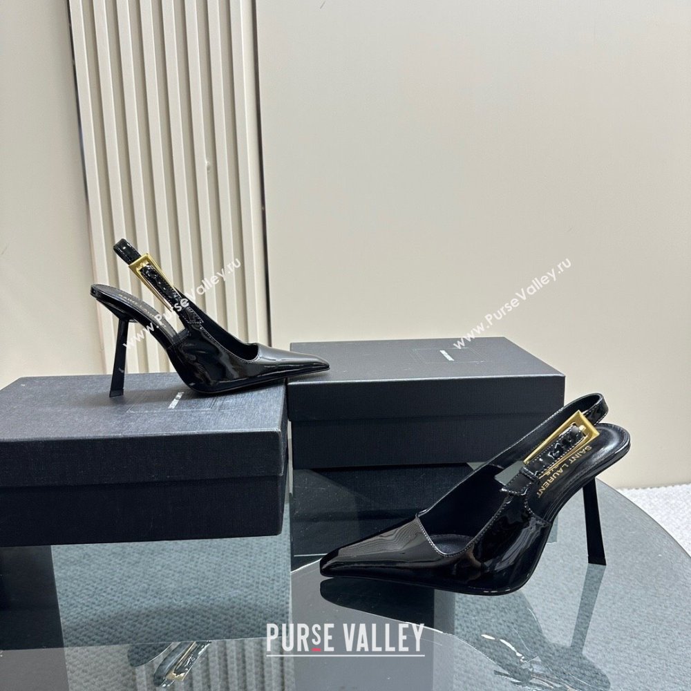 Saint Laurent Lee Slingback Pumps 10.5cm with Buckle in Patent Leather Black/Gold 2023 763421 (MD-231106062)