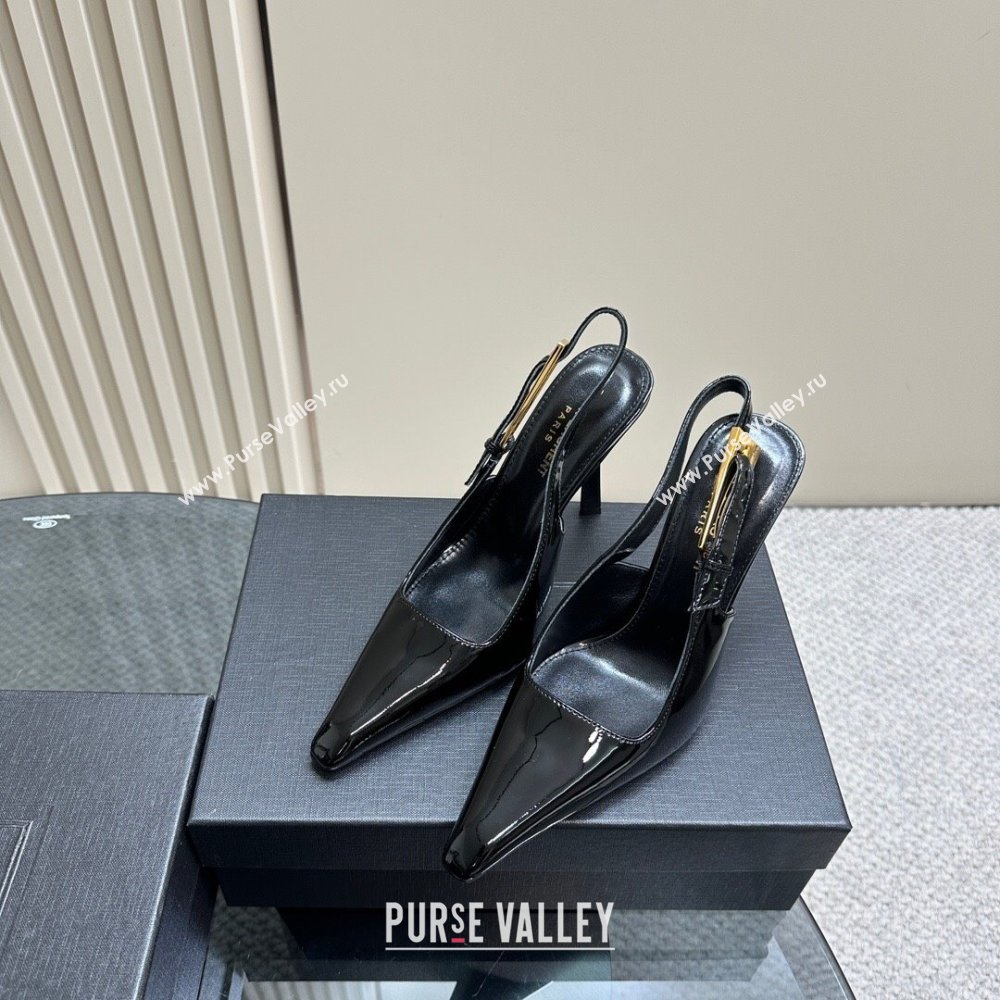 Saint Laurent Lee Slingback Pumps 10.5cm with Buckle in Patent Leather Black/Gold 2023 763421 (MD-231106062)