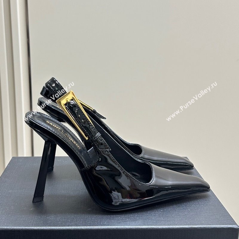 Saint Laurent Lee Slingback Pumps 10.5cm with Buckle in Patent Leather Black/Gold 2023 763421 (MD-231106062)