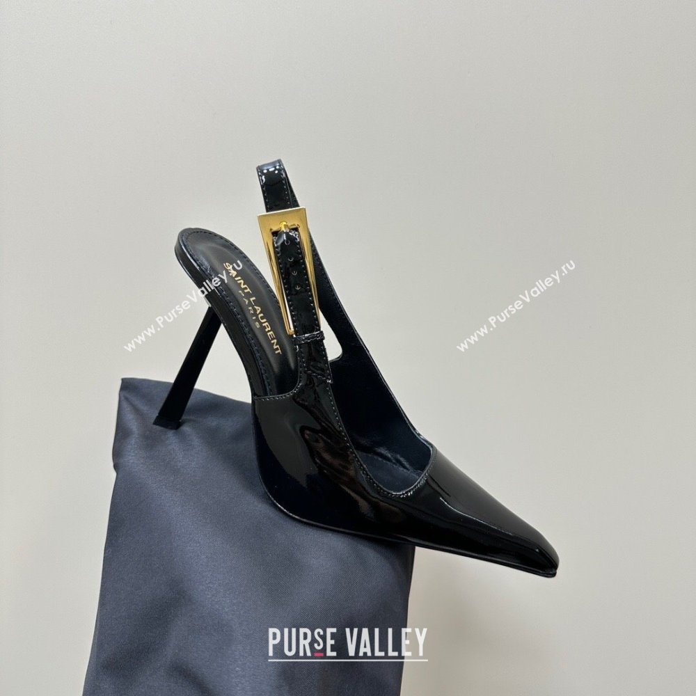 Saint Laurent Lee Slingback Pumps 10.5cm with Buckle in Patent Leather Black/Gold 2023 763421 (MD-231106062)