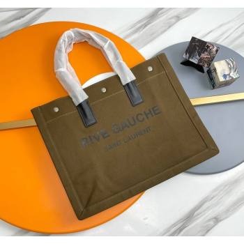 Saint Laurent Rive Gauche Small Tote bag in Linen and Cotton Army Green 2024 617481 (YY-240313124)