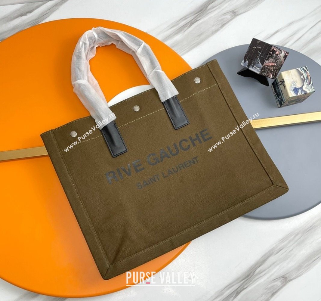 Saint Laurent Rive Gauche Small Tote bag in Linen and Cotton Army Green 2024 617481 (YY-240313124)