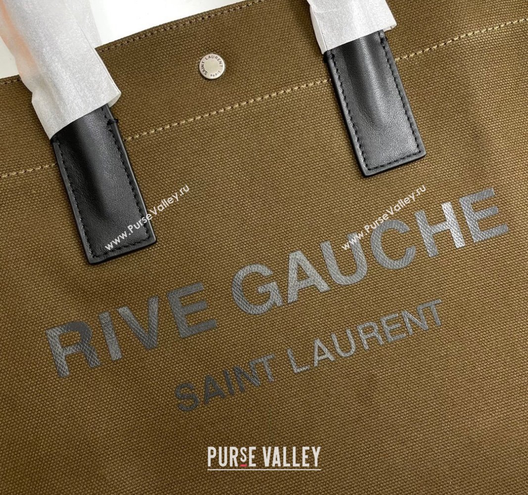 Saint Laurent Rive Gauche Small Tote bag in Linen and Cotton Army Green 2024 617481 (YY-240313124)
