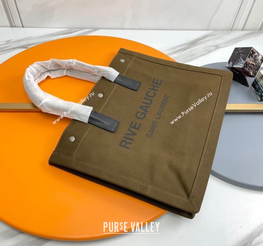 Saint Laurent Rive Gauche Small Tote bag in Linen and Cotton Army Green 2024 617481 (YY-240313124)