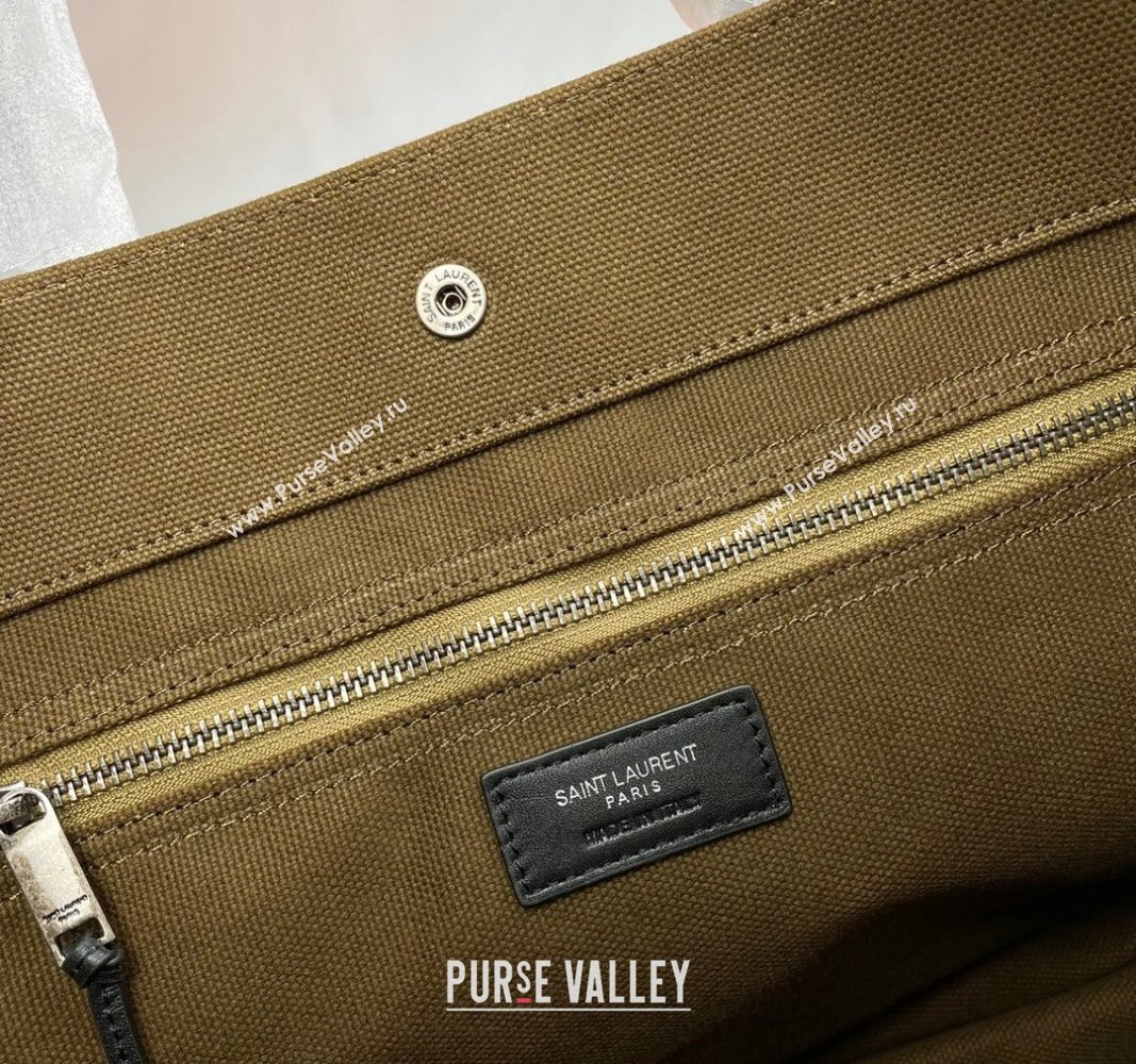 Saint Laurent Rive Gauche Small Tote bag in Linen and Cotton Army Green 2024 617481 (YY-240313124)