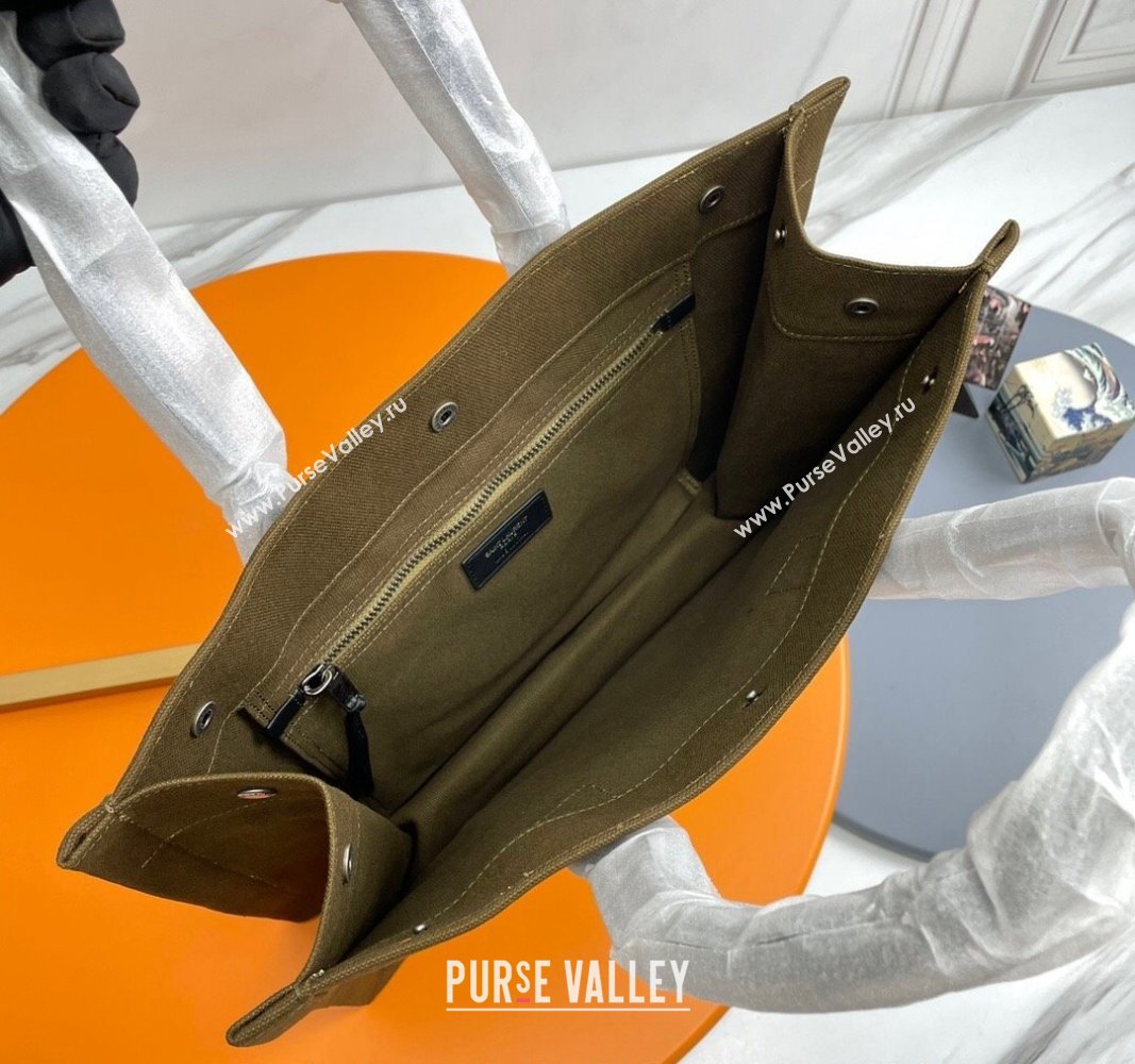 Saint Laurent Rive Gauche Small Tote bag in Linen and Cotton Army Green 2024 617481 (YY-240313124)