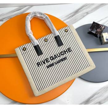 Saint Laurent Rive Gauche Small Tote bag in Linen and Cotton White/Black Strpes 2024 617481 (YY-240313125)