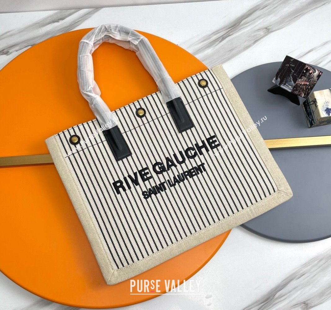 Saint Laurent Rive Gauche Small Tote bag in Linen and Cotton White/Black Strpes 2024 617481 (YY-240313125)