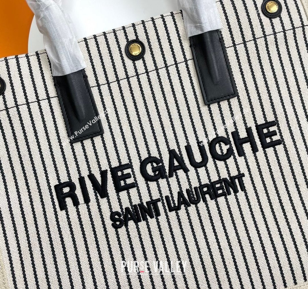 Saint Laurent Rive Gauche Small Tote bag in Linen and Cotton White/Black Strpes 2024 617481 (YY-240313125)