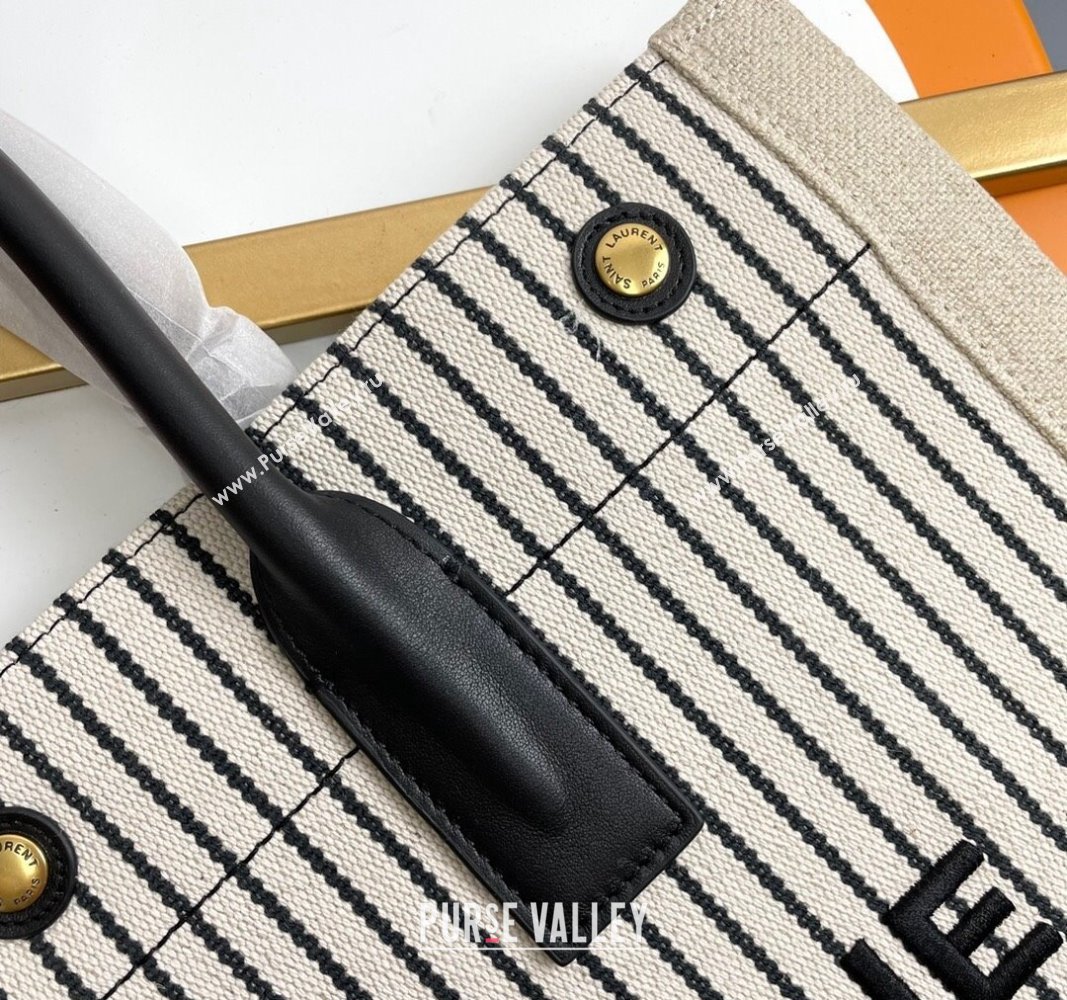 Saint Laurent Rive Gauche Small Tote bag in Linen and Cotton White/Black Strpes 2024 617481 (YY-240313125)