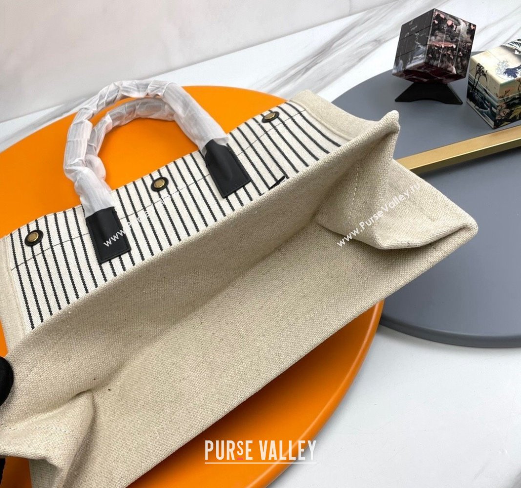 Saint Laurent Rive Gauche Small Tote bag in Linen and Cotton White/Black Strpes 2024 617481 (YY-240313125)