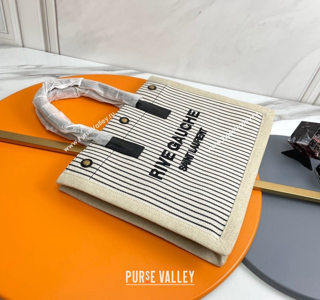 Saint Laurent Rive Gauche Small Tote bag in Linen and Cotton White/Black Strpes 2024 617481 (YY-240313125)