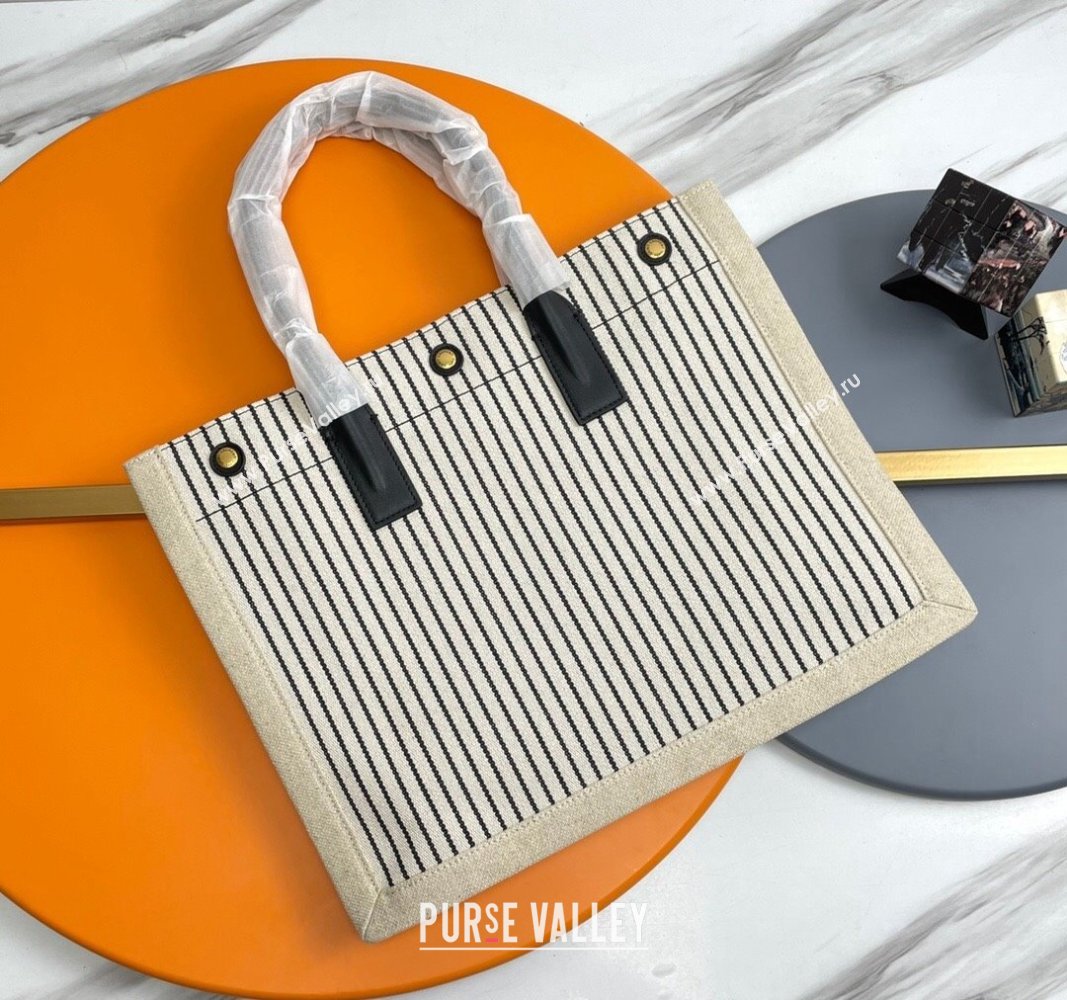Saint Laurent Rive Gauche Small Tote bag in Linen and Cotton White/Black Strpes 2024 617481 (YY-240313125)