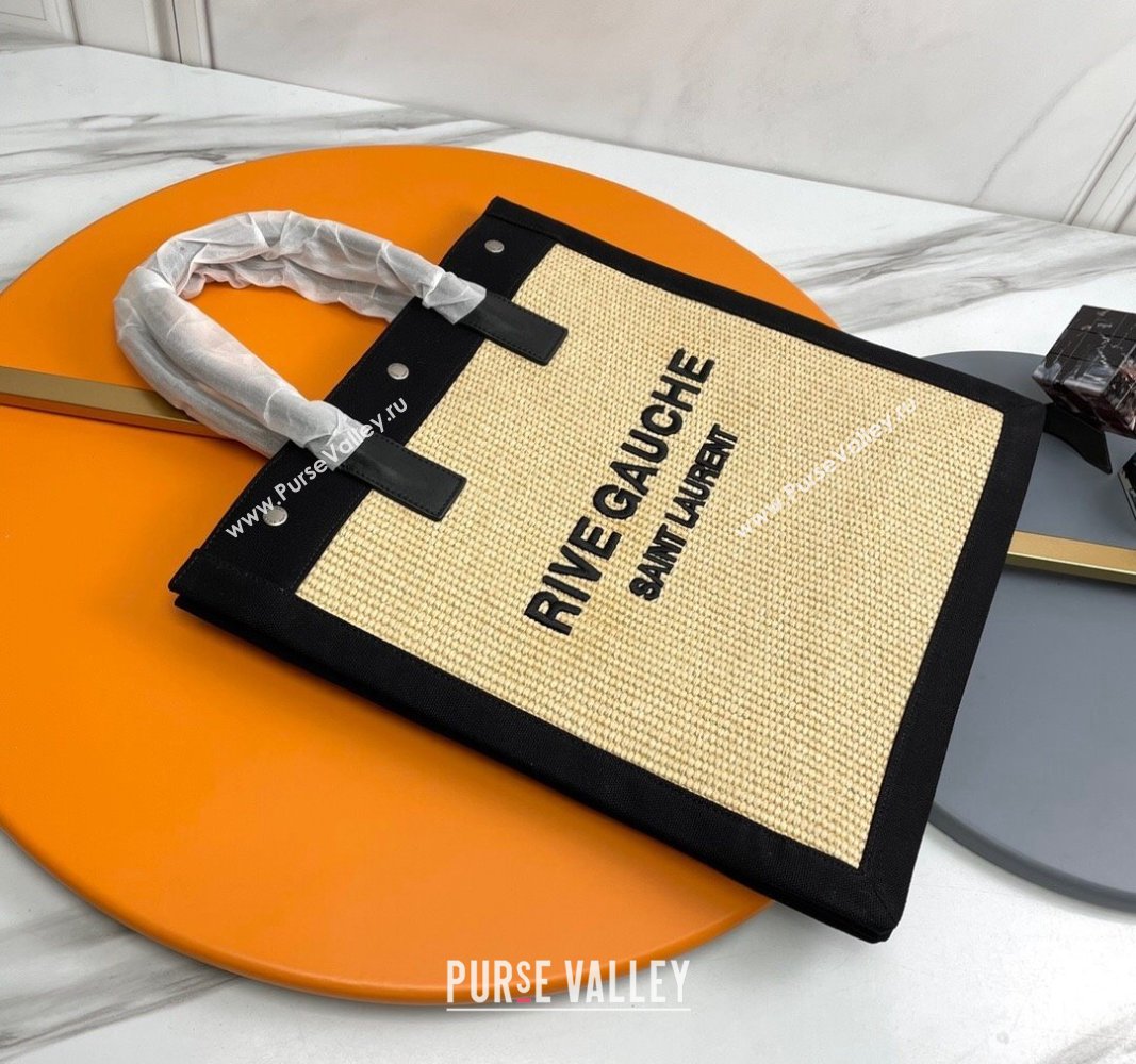 Saint Laurent Rive Gauche N/S Shopping Bag in Raffia Straw Beige 2024 631682 (YY-240313114)