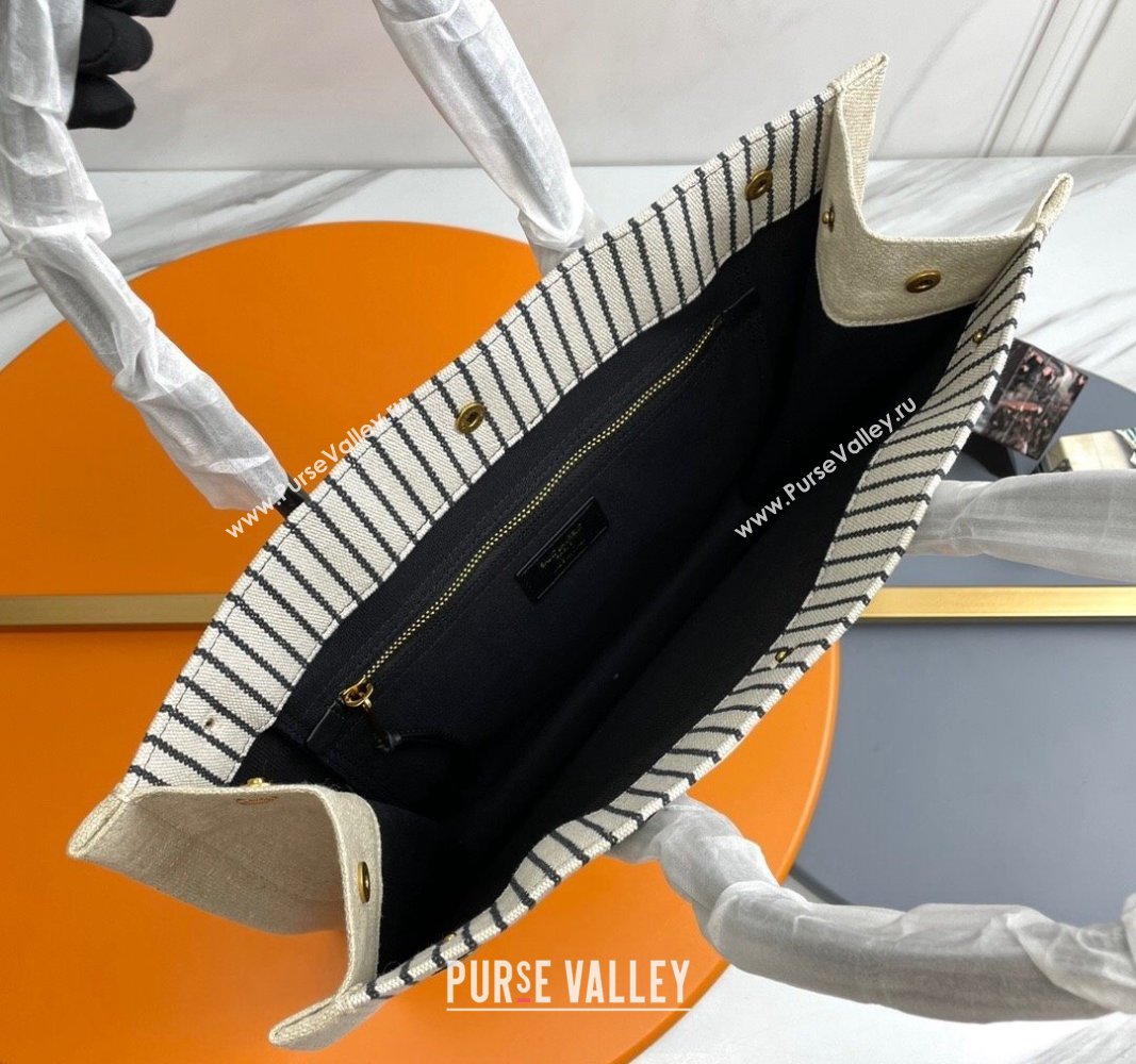 Saint Laurent Rive Gauche Small Tote bag in Linen and Cotton White/Black Strpes 2024 617481 (YY-240313125)