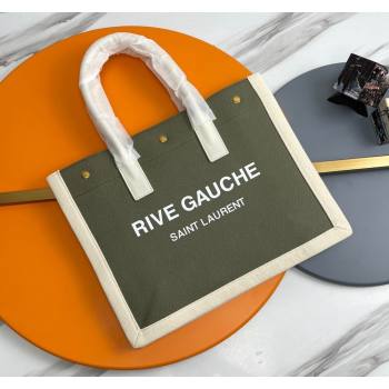 Saint Laurent Rive Gauche Small Tote bag in Linen and Cotton Green/White 2024 617481 (YY-240313126)