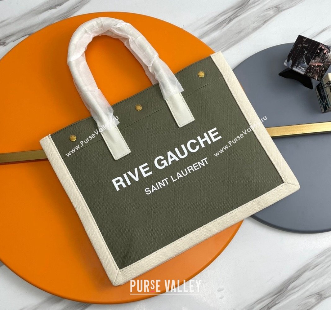 Saint Laurent Rive Gauche Small Tote bag in Linen and Cotton Green/White 2024 617481 (YY-240313126)