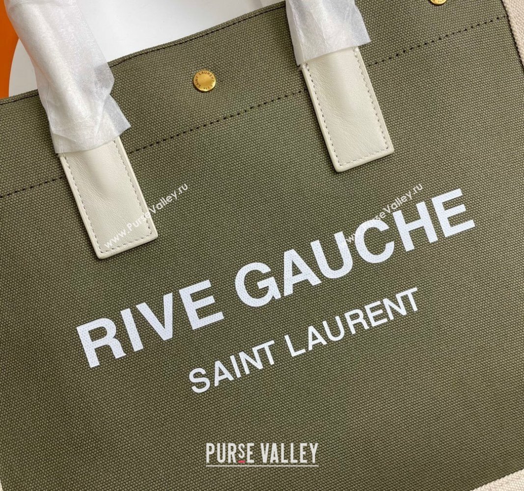 Saint Laurent Rive Gauche Small Tote bag in Linen and Cotton Green/White 2024 617481 (YY-240313126)