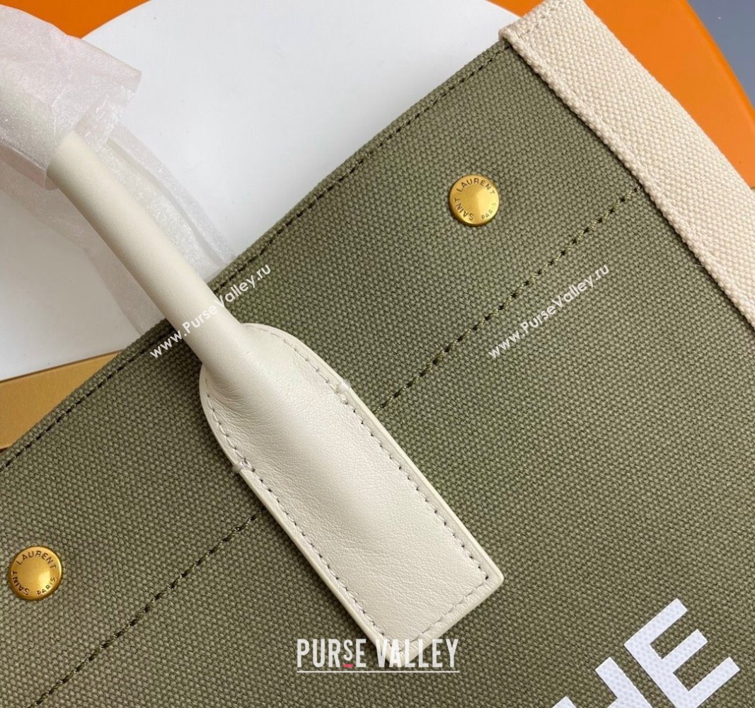 Saint Laurent Rive Gauche Small Tote bag in Linen and Cotton Green/White 2024 617481 (YY-240313126)