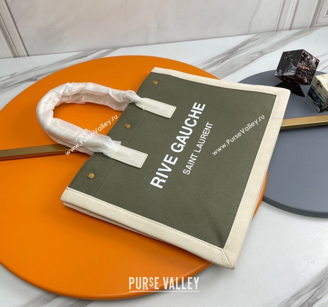 Saint Laurent Rive Gauche Small Tote bag in Linen and Cotton Green/White 2024 617481 (YY-240313126)