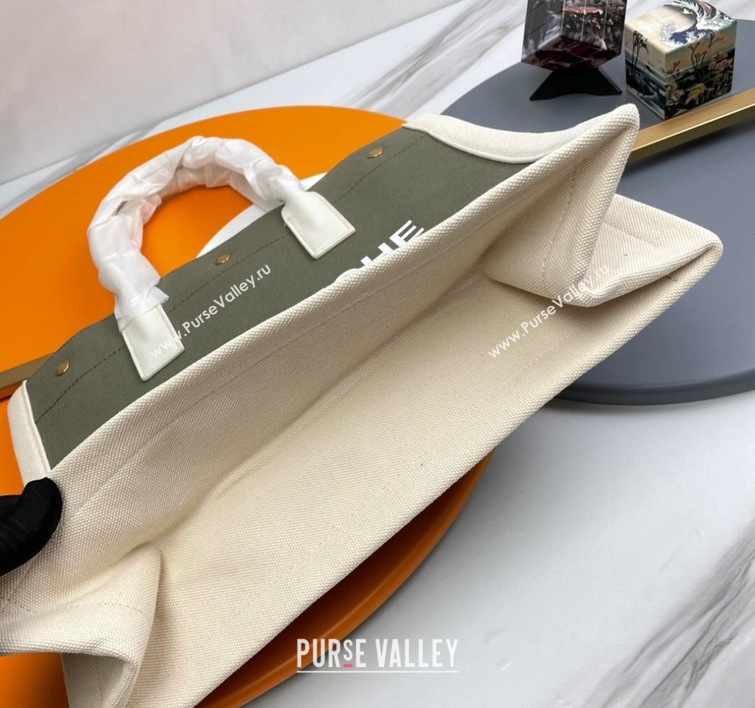 Saint Laurent Rive Gauche Small Tote bag in Linen and Cotton Green/White 2024 617481 (YY-240313126)