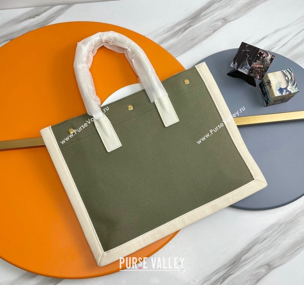 Saint Laurent Rive Gauche Small Tote bag in Linen and Cotton Green/White 2024 617481 (YY-240313126)