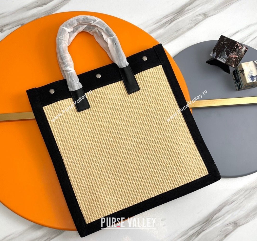 Saint Laurent Rive Gauche N/S Shopping Bag in Raffia Straw Beige 2024 631682 (YY-240313114)