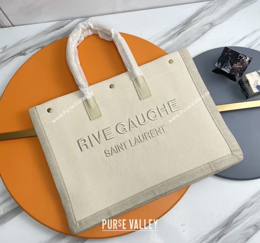 Saint Laurent Rive Gauche Large Tote bag in Linen and Cotton White/Grey 2024 509415 (YY-240313127)