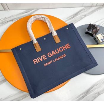 Saint Laurent Rive Gauche Large Tote bag in Linen and Cotton Dark Blue 2024 509415 (YY-240313128)