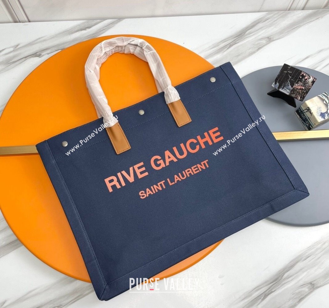 Saint Laurent Rive Gauche Large Tote bag in Linen and Cotton Dark Blue 2024 509415 (YY-240313128)
