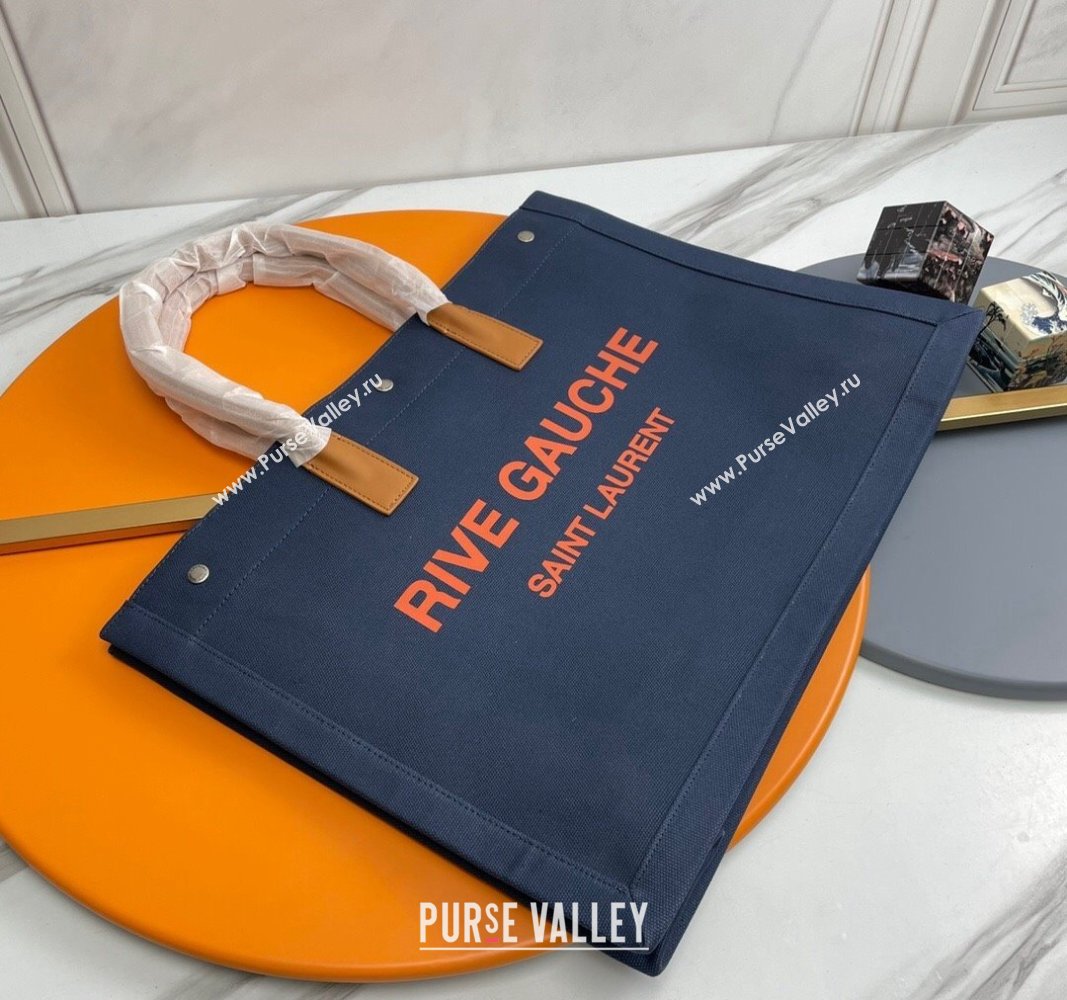 Saint Laurent Rive Gauche Large Tote bag in Linen and Cotton Dark Blue 2024 509415 (YY-240313128)
