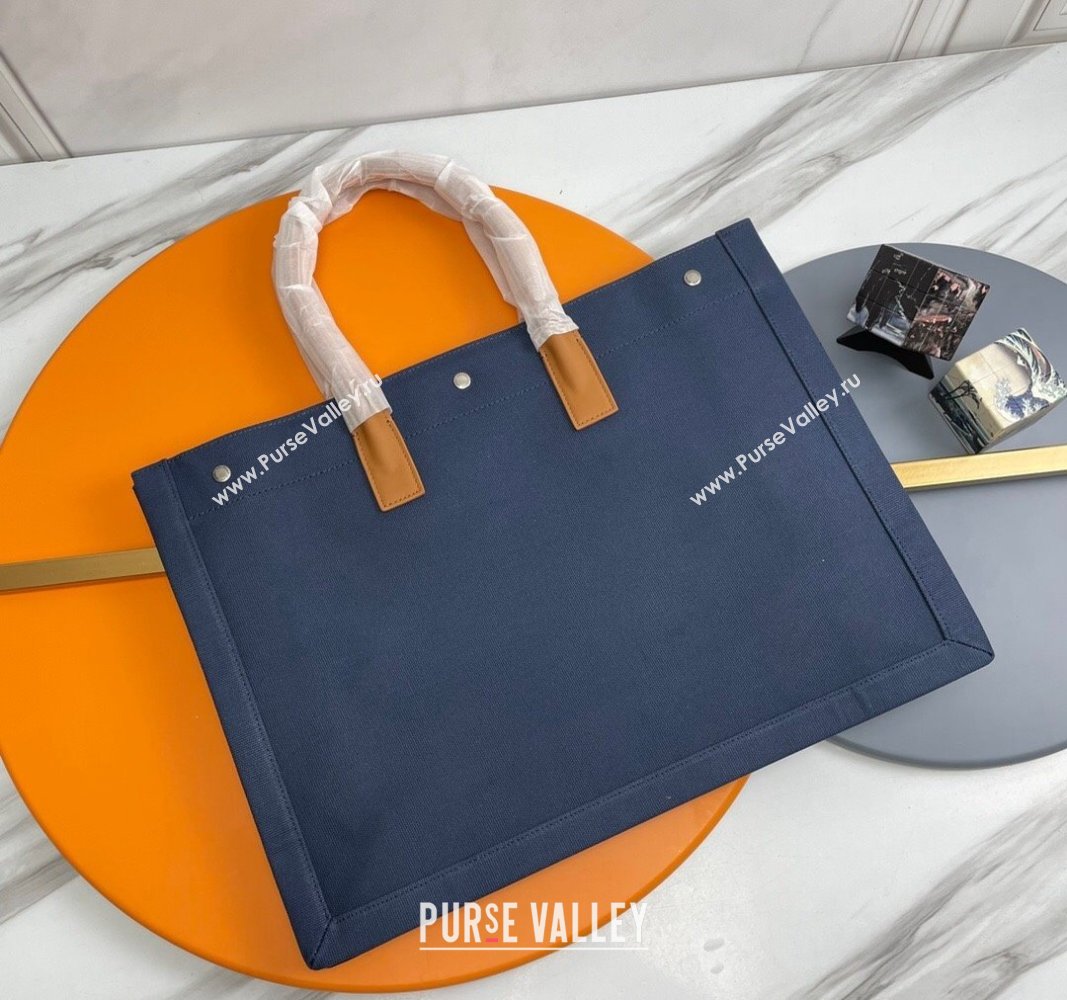 Saint Laurent Rive Gauche Large Tote bag in Linen and Cotton Dark Blue 2024 509415 (YY-240313128)