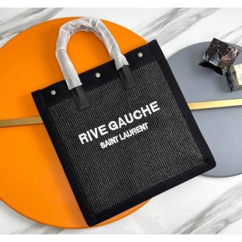 Saint Laurent Rive Gauche N/S Shopping Bag in Raffia Straw Black 2024 631682 (YY-240313115)