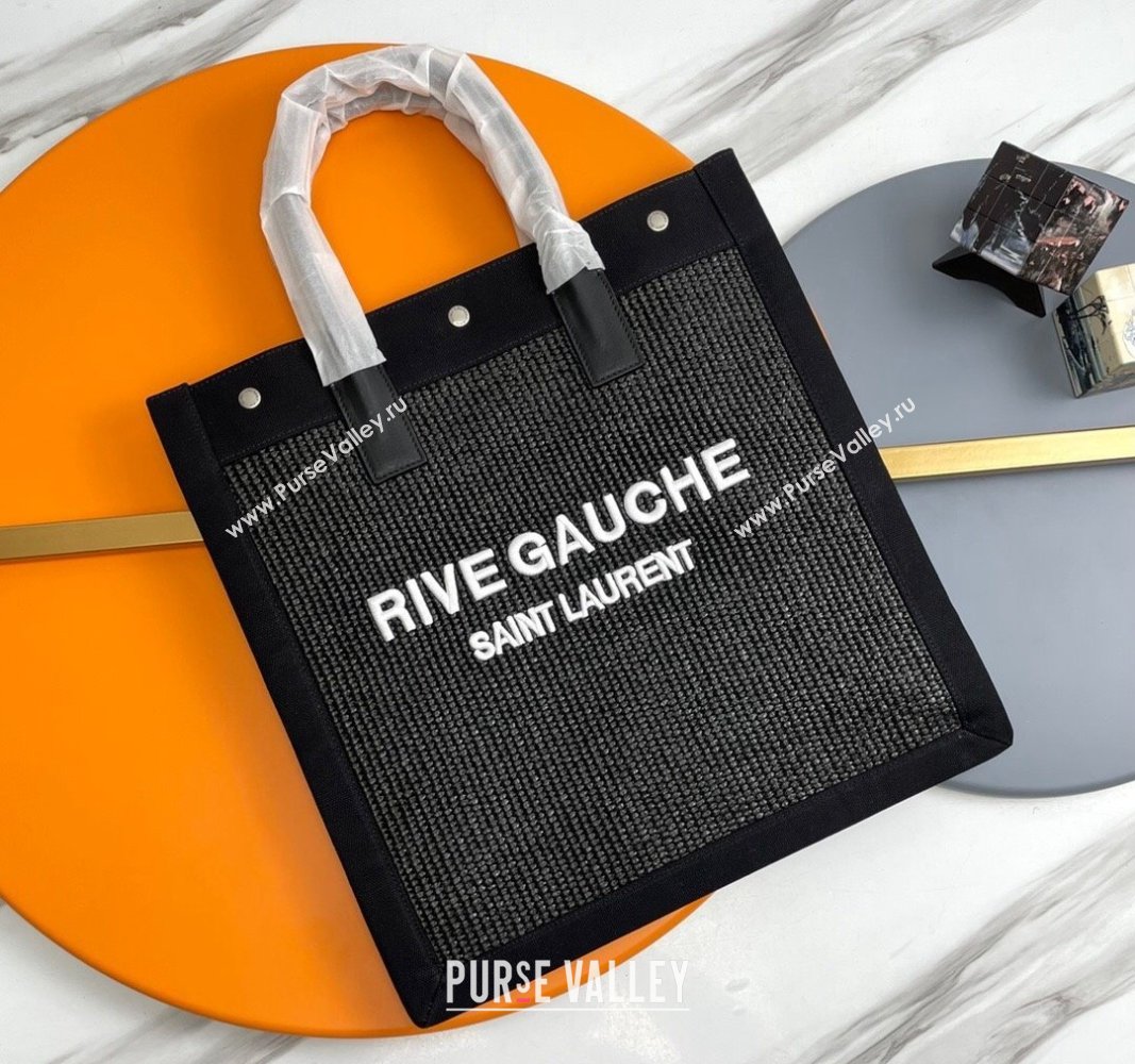 Saint Laurent Rive Gauche N/S Shopping Bag in Raffia Straw Black 2024 631682 (YY-240313115)
