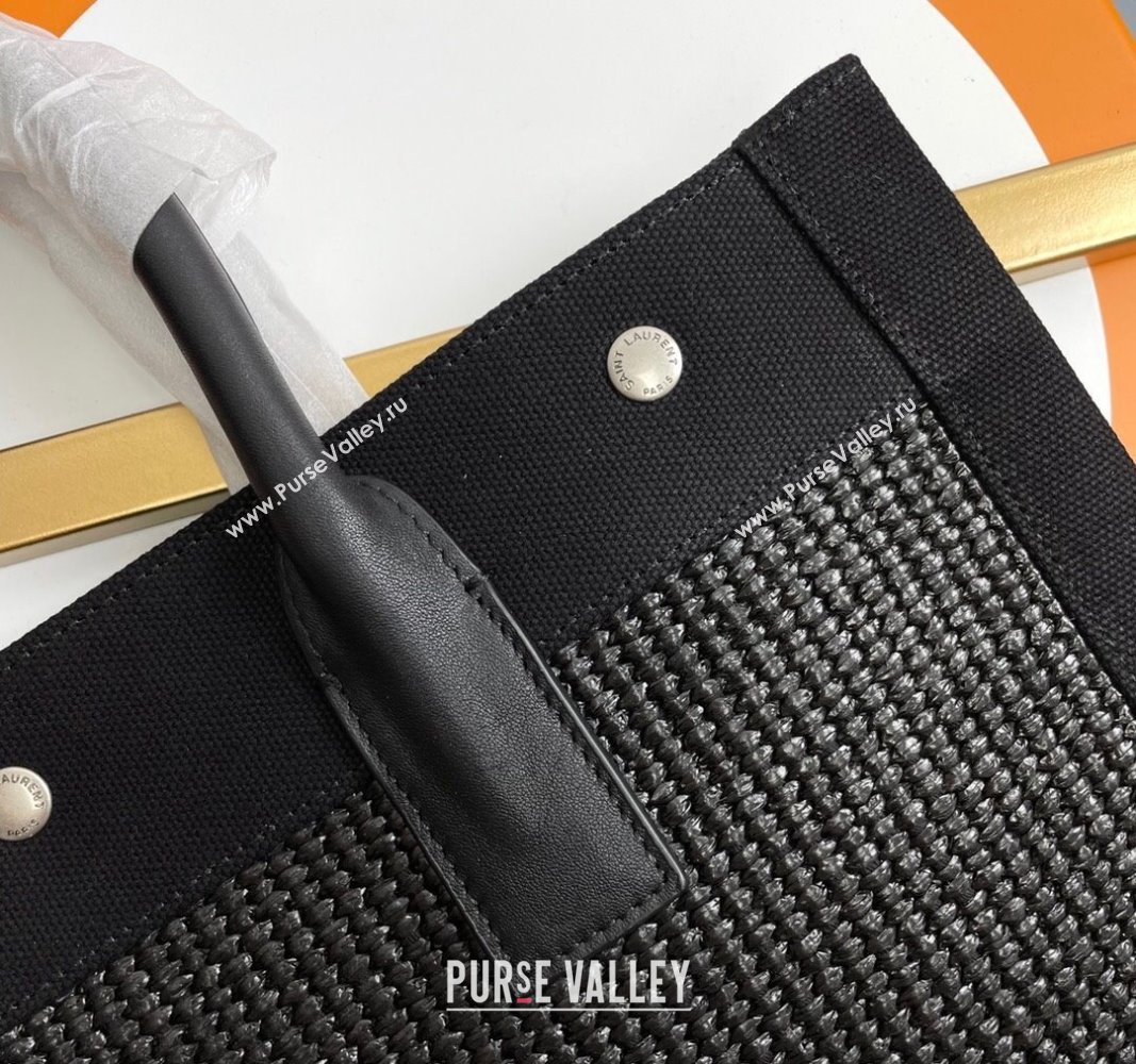 Saint Laurent Rive Gauche N/S Shopping Bag in Raffia Straw Black 2024 631682 (YY-240313115)