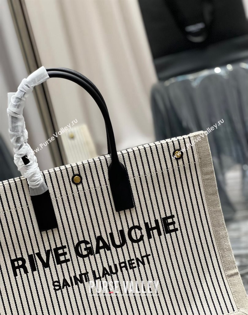Saint Laurent Rive Gauche Large Tote Bag in Striped Canvas and Leather 509415 Grey/Black/White 2024 (YY-240313071)