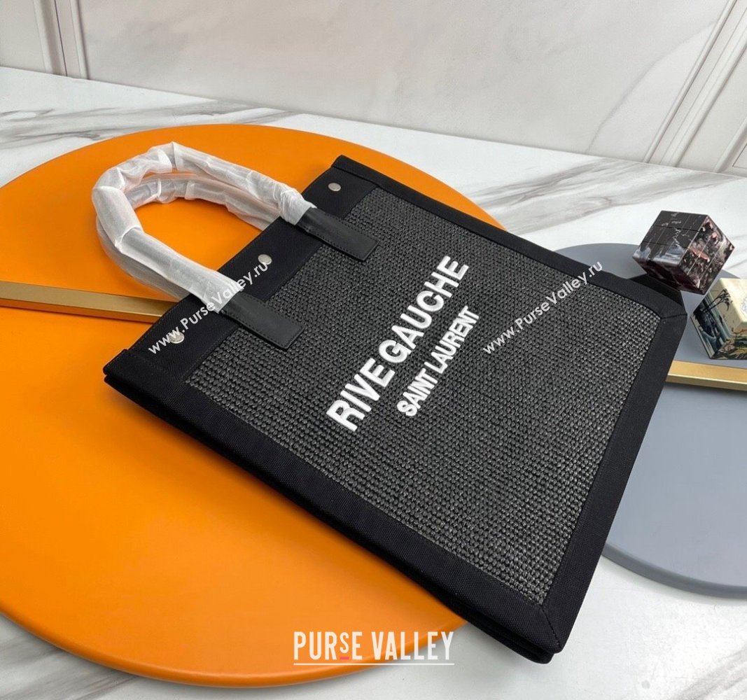 Saint Laurent Rive Gauche N/S Shopping Bag in Raffia Straw Black 2024 631682 (YY-240313115)