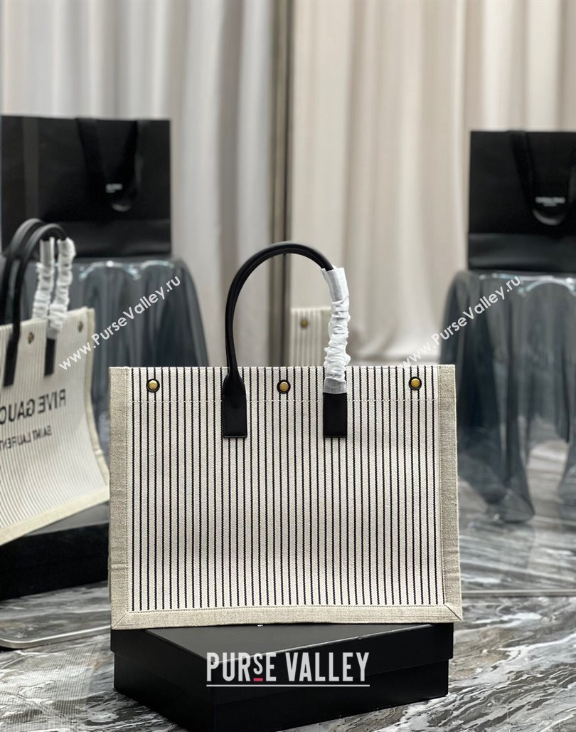 Saint Laurent Rive Gauche Large Tote Bag in Striped Canvas and Leather 509415 Grey/Black/White 2024 (YY-240313071)