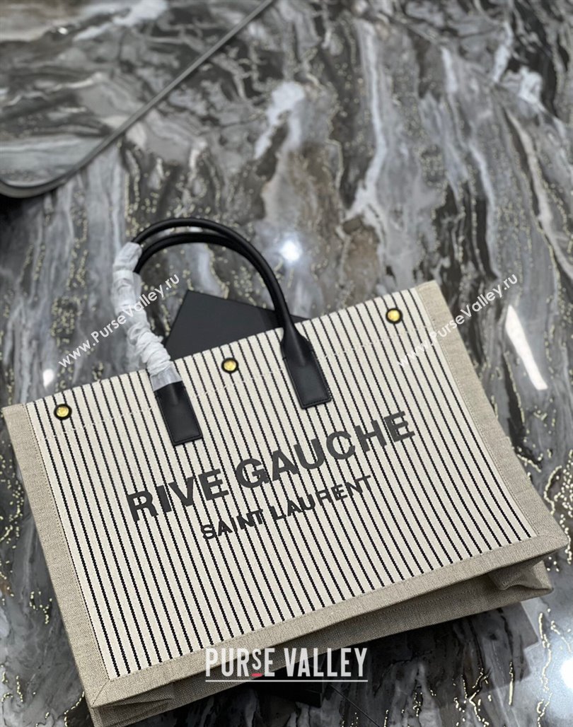 Saint Laurent Rive Gauche Large Tote Bag in Striped Canvas and Leather 509415 Grey/Black/White 2024 (YY-240313071)