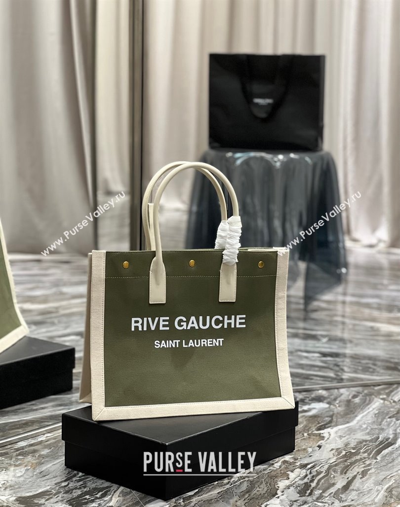 Saint Laurent Rive Gauche Small Tote Bag in Printed Canvas and Leather 617480 White/Green 2024 (YY-240313073)