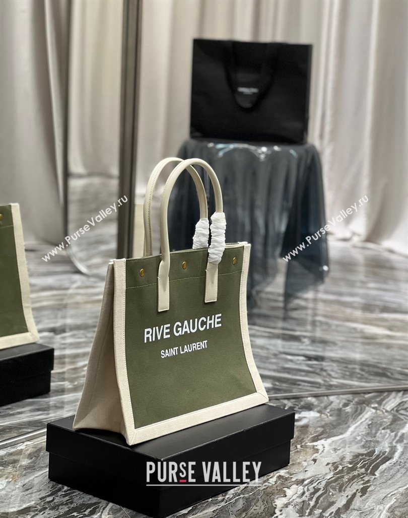 Saint Laurent Rive Gauche Small Tote Bag in Printed Canvas and Leather 617480 White/Green 2024 (YY-240313073)