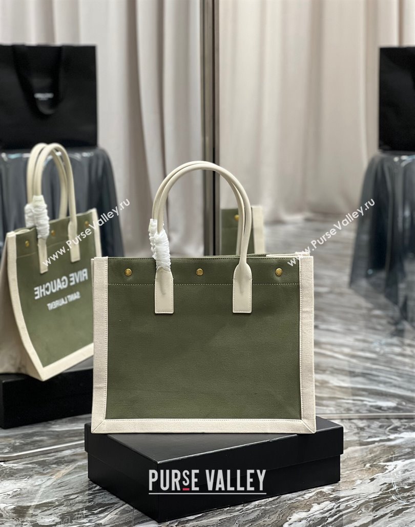 Saint Laurent Rive Gauche Small Tote Bag in Printed Canvas and Leather 617480 White/Green 2024 (YY-240313073)