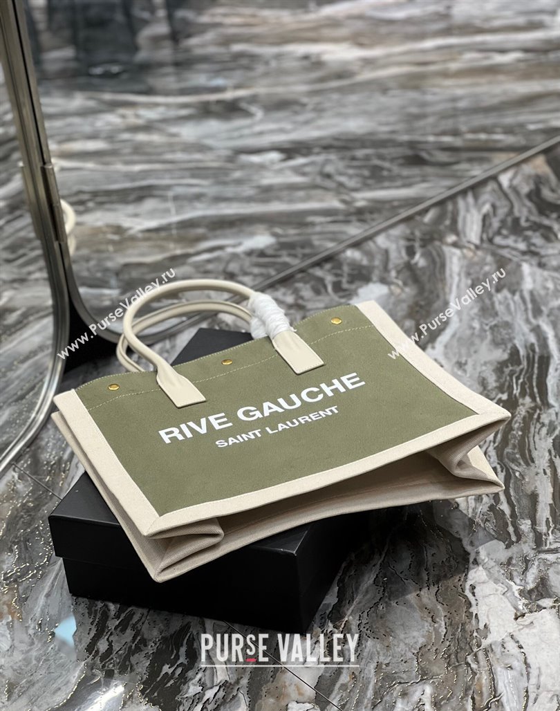 Saint Laurent Rive Gauche Small Tote Bag in Printed Canvas and Leather 617480 White/Green 2024 (YY-240313073)
