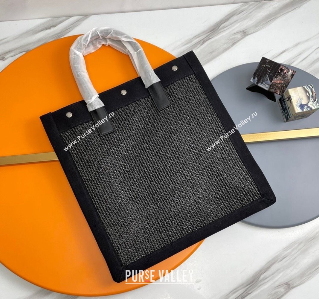 Saint Laurent Rive Gauche N/S Shopping Bag in Raffia Straw Black 2024 631682 (YY-240313115)