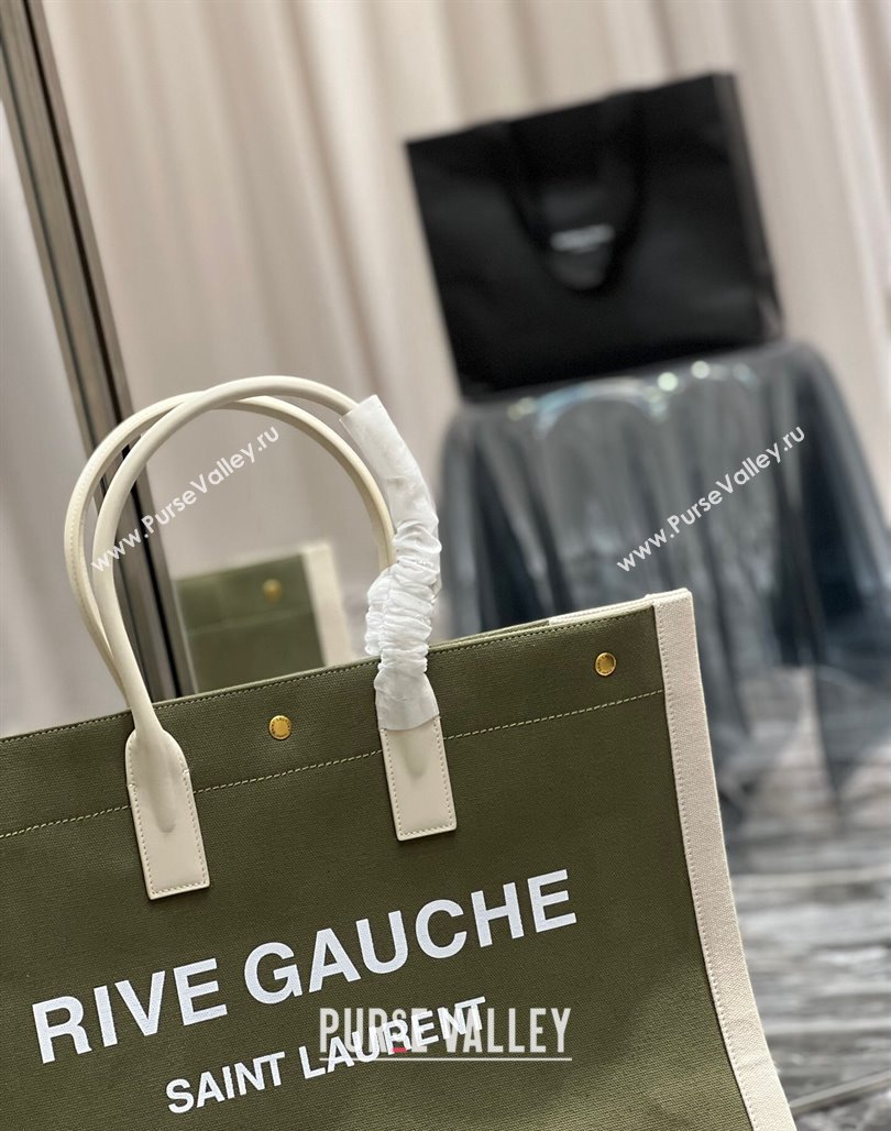 Saint Laurent Rive Gauche Large Tote Bag in Printed Canvas and Leather 509415 White/Green 2024 (YY-240313074)