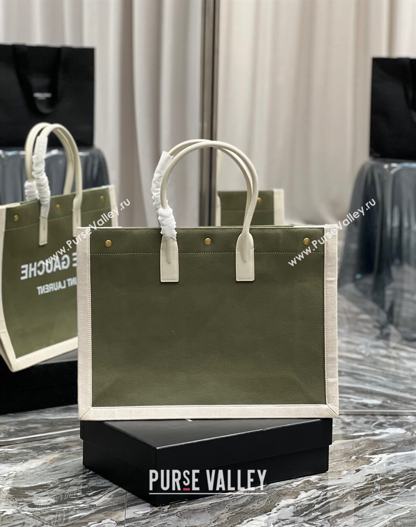 Saint Laurent Rive Gauche Large Tote Bag in Printed Canvas and Leather 509415 White/Green 2024 (YY-240313074)