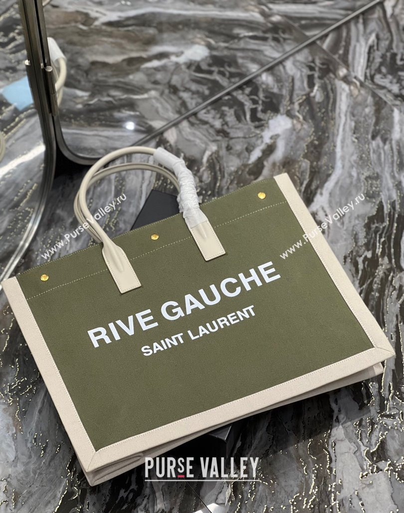 Saint Laurent Rive Gauche Large Tote Bag in Printed Canvas and Leather 509415 White/Green 2024 (YY-240313074)